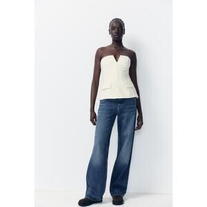Zara Women's White strapless shirt blouse Top bustier vest tuxedo Size Small